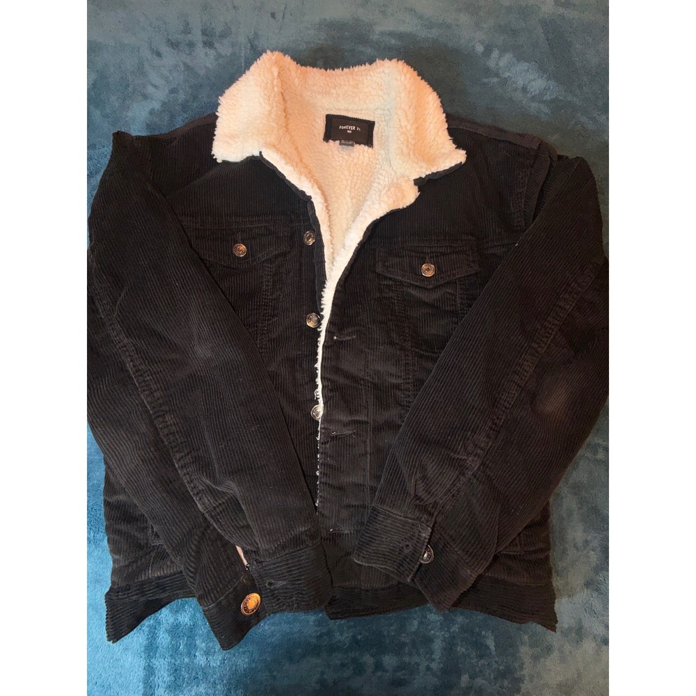 Forever 21 Men Black Corduroy Sherpa Lined Trucker Jacket Medium Faux Fur Collar